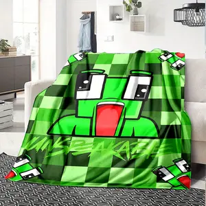 1pc Cartoon Print Flannel Blanket, Green-Red Plaid, 280GSM Ultra-Warm Plush Durable All-Season Throw, Indoor/Outdoor Use, Home Decor & Gift for Friends/Family
