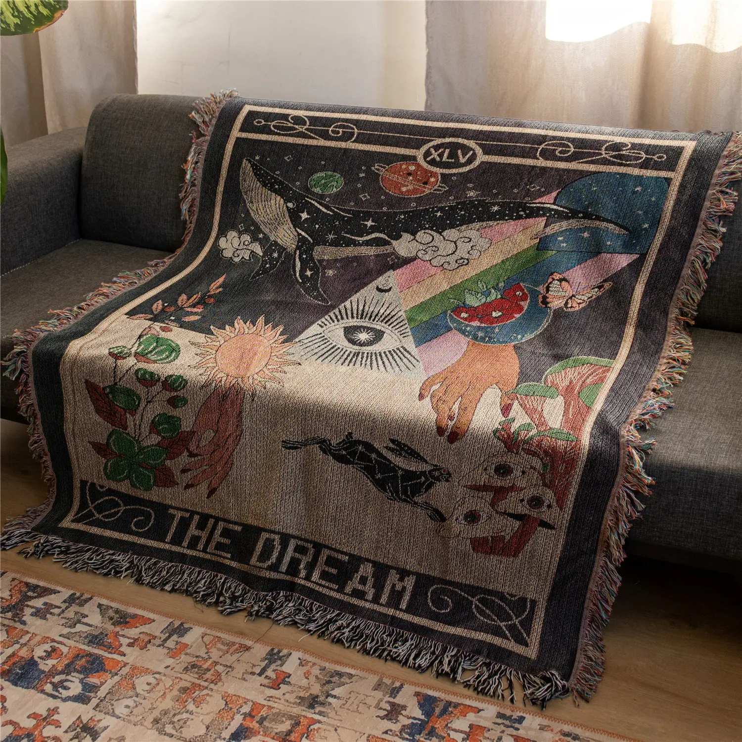 Dream Pattern Bohemian Yarn Jacquard Woven Blanket with Tassel, Thick Soft Washable Blanket, Used for Home Decor Sofa Chair Bed Tapestry Tablecloth Floor Garden Picnic Outdoor Camping Covers, Couch Throw