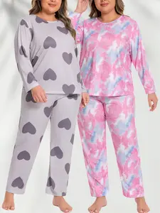 【Flash Sale】LONAGIRL Curvy Fit Plus Size 1XL-5XL Long Sleeve Tie Dye Heart Print 2 Tops + 2 Pants Comfy Loungewear Sleepwear Sets for Women Casual Breathable