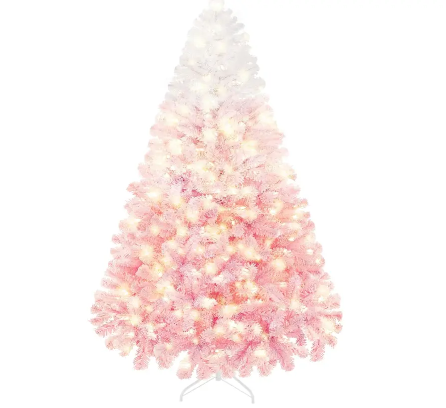 【Christmas Gift】9ft Tall Pre-Lit PVC Branches Artificial Christmas Tree - Pink Gradient, Snow-Frosted, 800 Warm White LED Lights, 1918 Realistic Fluffy Tip Branches, Fluffy Ornaments, Umbrella Type Metal Stand, Automatic, Holiday Room Decoration