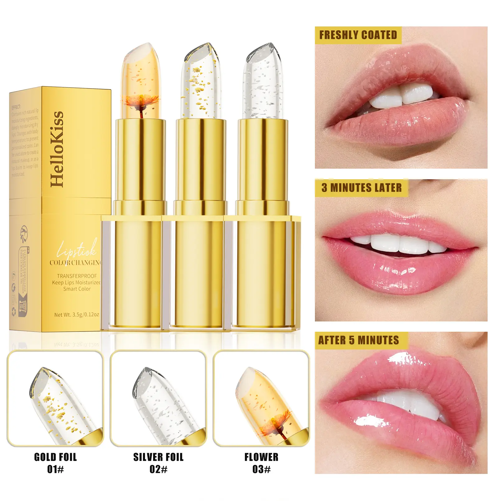 3PC Moisturizing Color-Changing Lip Balm Stick - pH Temperature Reactive Tint, Gold Crystal Glow Finish, Lip Care Moisturizer with Hydration Boost, Multi-Pack for Daily Use, All Skin Types, Cosmetic