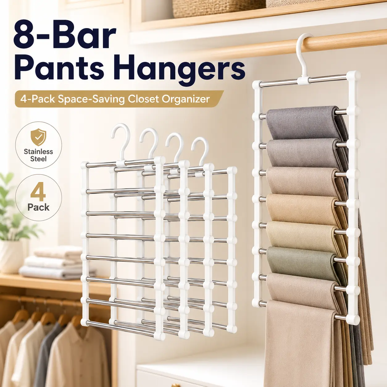 4-Pack Folding Hanging Pants Hanger Rack - 8-Bar Multi-Layer 54 cm × 36 cm Space-Saving Closet Organizer, Keeps Clothing in Place for Jeans, Slacks, Towels