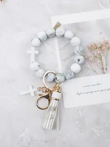 Macaron Cross Beaded Bracelet Keychain, Matching Tassel Pendant, Soft Beads Design, Perfect Gift for Friends and Mom, Religious Jewelry Gift, Easter and Thanksgiving Gifts, Gothic Cross Keychain