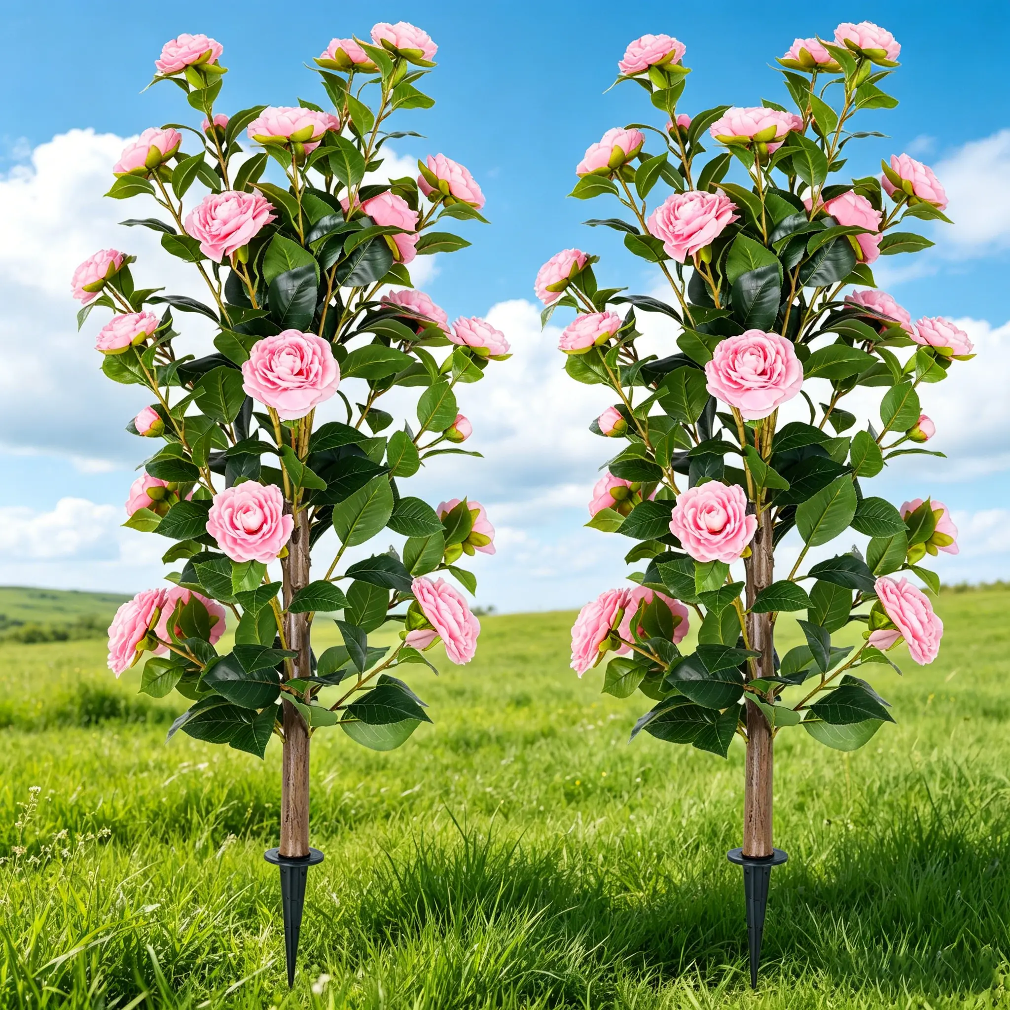 2 Pieces Of Artificial Flower Camellia, Realistic Artificial Flower plant Stakes With Flowers, And Lifelike Artificial Flower Branches Are Used For Wedding Decoration Of Outdoor Garden Courtyard Porch.
