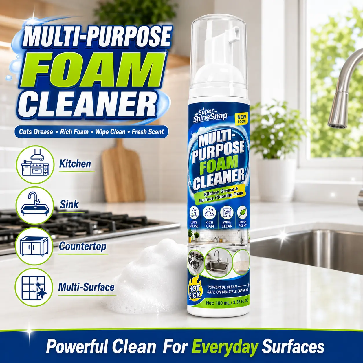 Multi-Purpose Scented Foam Cleaner 100ml - Natural Degreaser, Oil Stain Remover, Powerful Clean All-Purpose Household Cleaner for Households, Kitchen Surfaces, Bathroom Sink, Rich Foam, No Harsh Chemicals, All Seasons Use