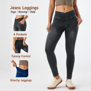 HeeiYoga Denim Stretchy Jeggings with Pocket for Yoga Pilates Casual Skinny High Waisted Tummy Control Jeggings Jean Pants gym clothes women yoga pants deals