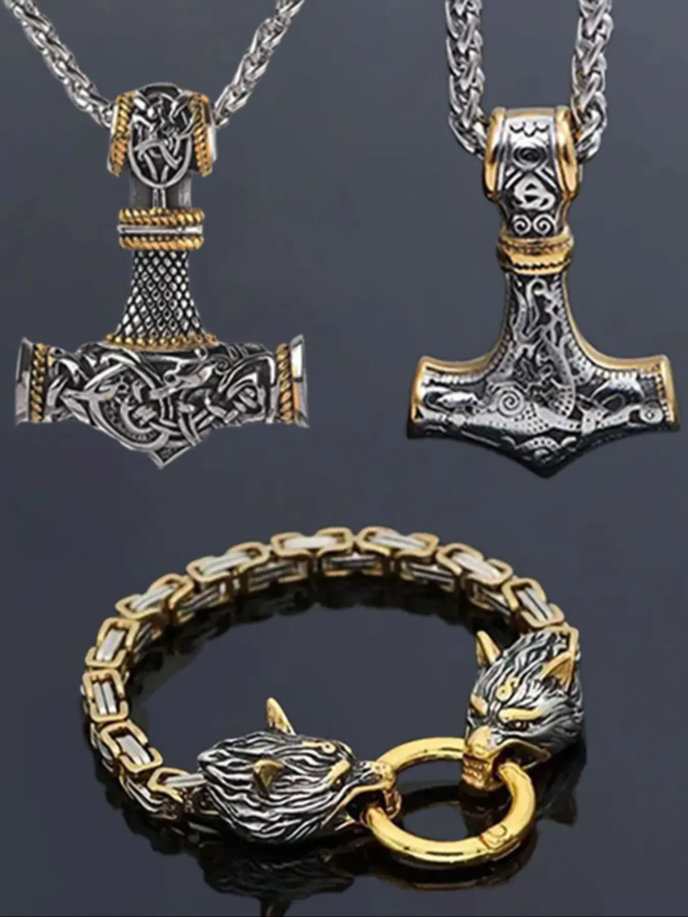 3pc Viking Style Hammer Necklace and Wolf Head Bracelet Set, Punk Jewelry for Men and Women, Gothic Party Accessories, Gift Ideas