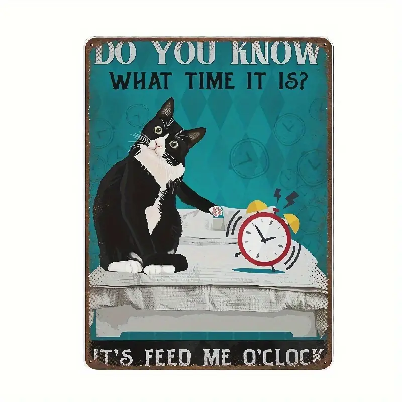 Vintage Thick Metal Iron logo - It's Feed Me O'clock logo, Fun tuxedo cat poster, Home decor wall art 8x12",Wall decor,Posters