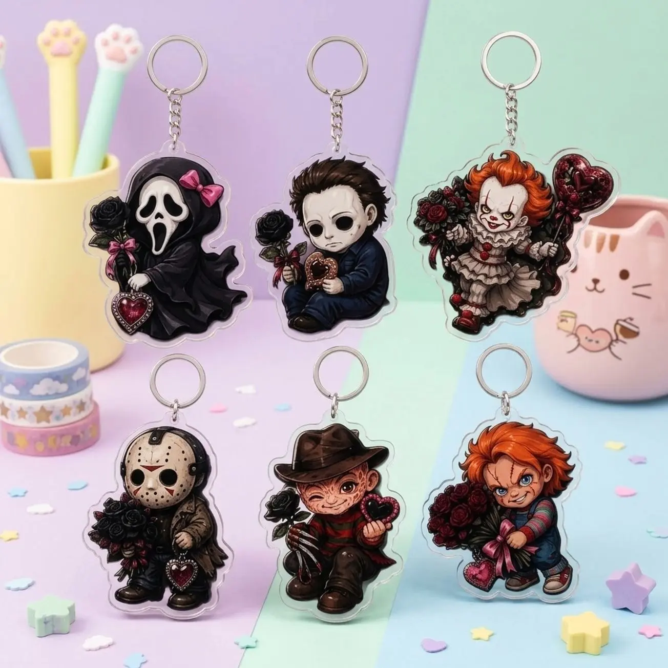 Gothic Romance Horror Acrylic Keychain Set – Ghostface, Chucky, Freddy, Pennywise, Jason & Michael Myers Romantic Goth Charms, Halloween Gift