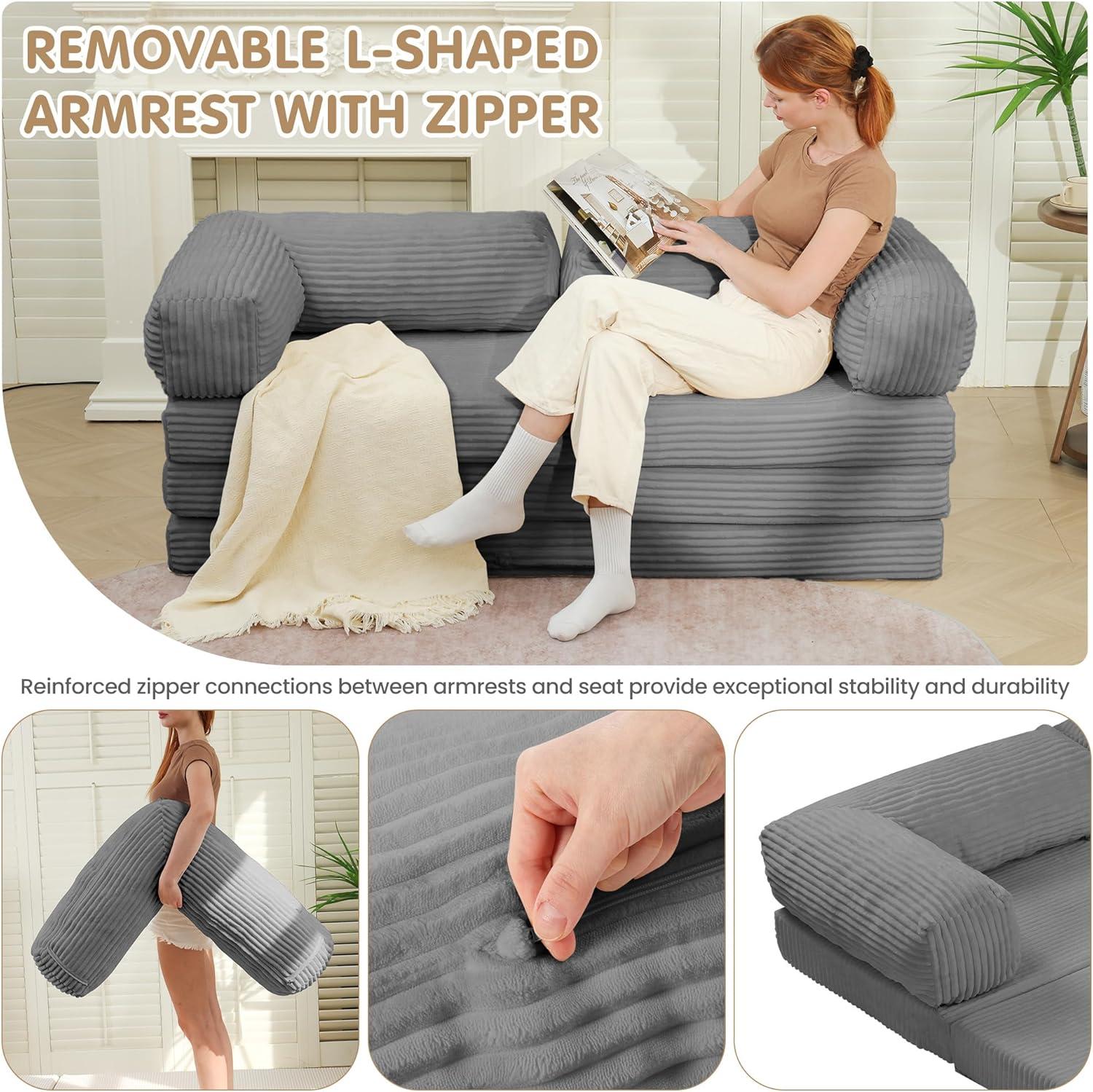 Winzoo 5-in-1 Convertible Sofa Bed,Boneless Couch Tri Folding Floor Mattress with Removable L-Shaped Armrests & Handle,Corduroy Futon Couch Sleeper with Pull Out Bed for Living Room Bedroom Apartment