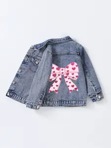 Sweet Style Denim Jacket, Sparkle Heart Big Bow Design, Casual Fashion Outerwear for Girls, All Seasons Wear, Ages 8 and Below, Toddler Denim Jacket