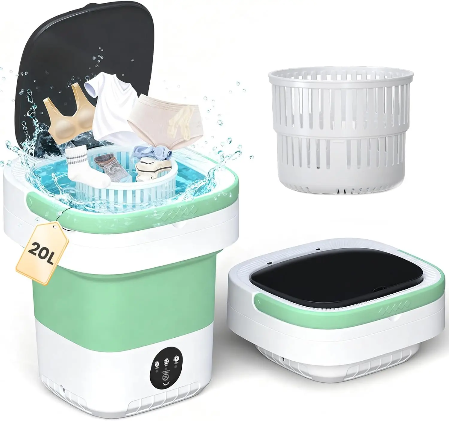 Portable Washing Machine 20L - Mini Washer with Spin Basket, 3 Cleaning Modes & Deep Wash for Small Clothes, Foldable Laundry for Apartment, Home, RV and Travel (Green)