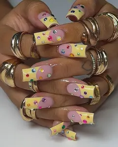 Emily Nails | Colorful 3D French Tip Press On Nails  Hand Painted Spring Nails  Rainbow Rhinestone Acrylic  Boho Chic Set  Nail Gems For Spring Party