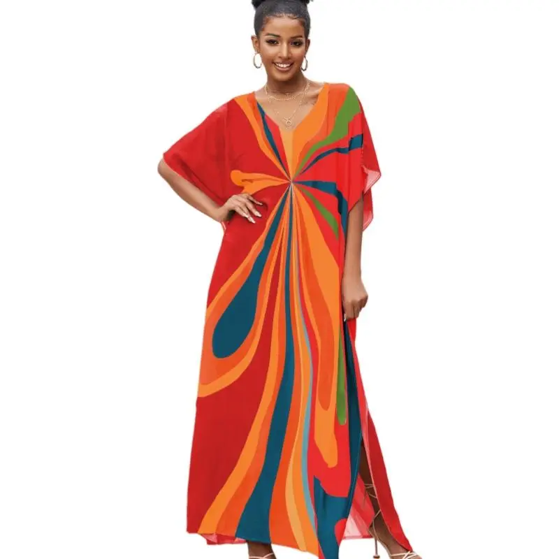 Women's Plus Size Boho Batwing Sleeve Kaftan Dresses - Maxi Mumu Dress with Side Slits, Casual Long Nightgown & Beach Cover Up - Color Geometry 15, Maxi Dress