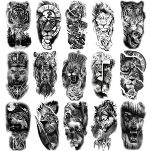 15-Pack Animal Temporary Tattoos, Waterproof Tiger Lion Wolf Jesus Totem Adult Fake Tattoos, Long-Lasting Low Sensitivity Easy Removal