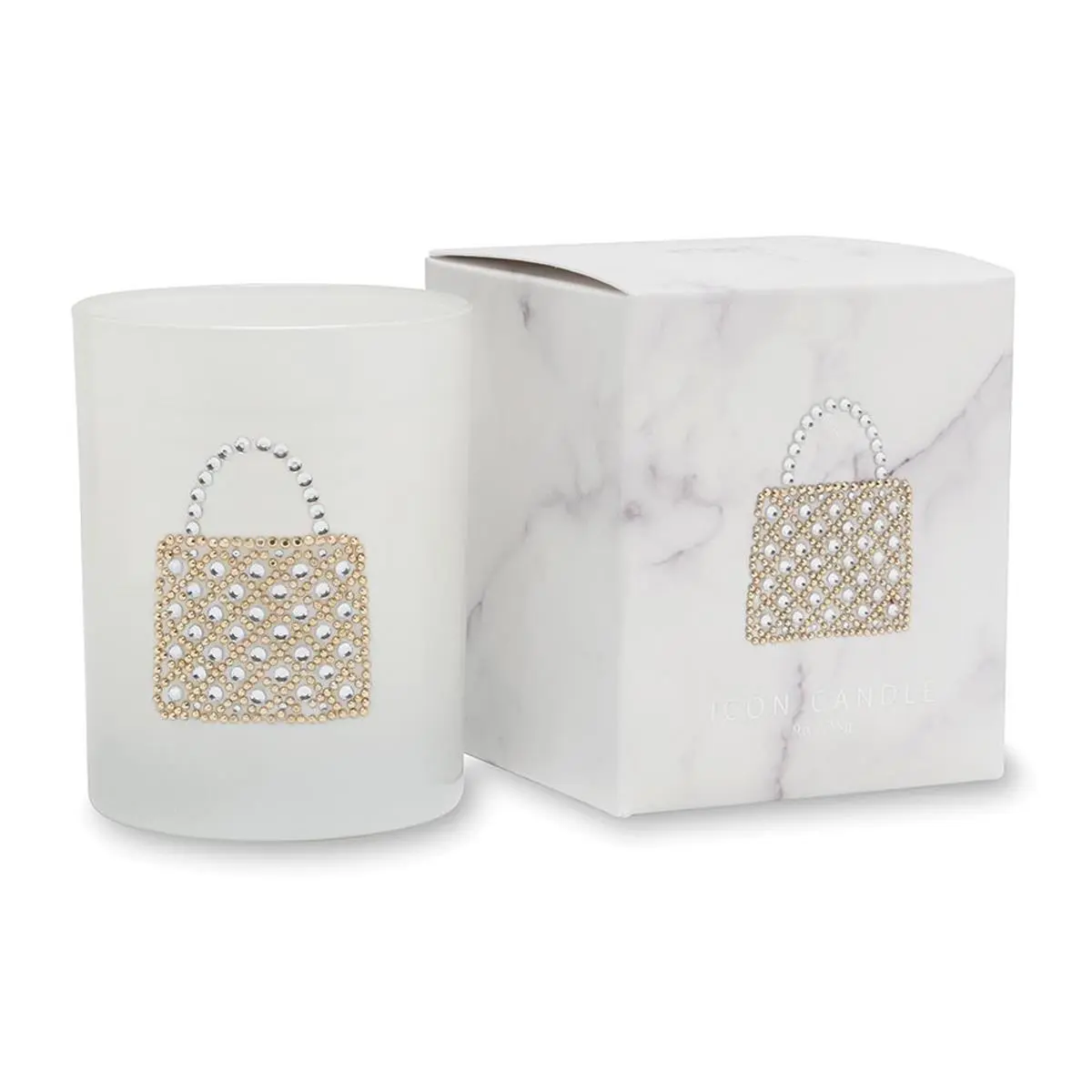 212 MAIN Primal Elements Purse Icon Scented Candle - 9.5oz White Marble Wax Candle with Rhinestones, Floral Aroma, Hand-Held Home Decoration Ornament in Gift Box