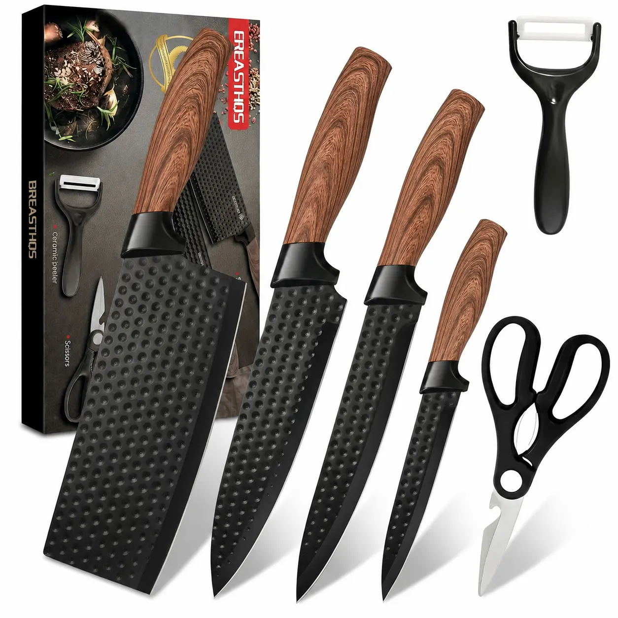 Adults' 6-Piece Durable Ergonomic Kitchen Utensils Gift Set - 9cr18 Steel Blades Knives, Black Hammered Meat Cleaver, Slicer, Non-Slip Heat-Resistant Handles, Household Scissors, Peeler, Easy to Rinse Off, for Cooking, High Efficiency