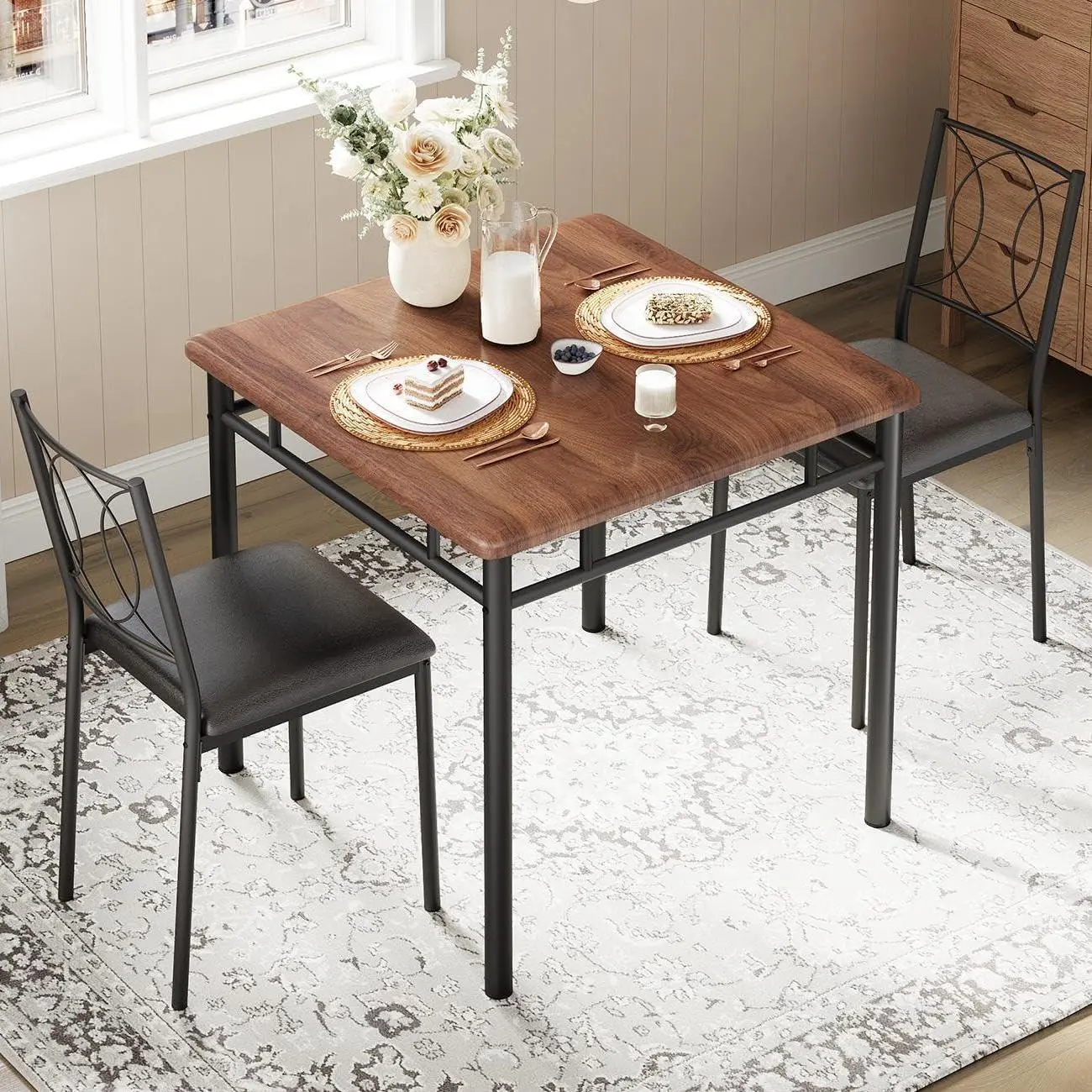 Gaomon 2-Piece Farmhouse Walnut Wood Dining Set with Upholstered Chairs, Compact Kitchen Table Set for Small Spaces, Apartment, Kitchen Table Sets