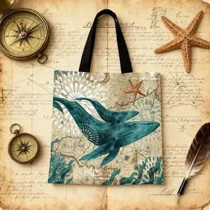 Retro nautical style whale print handbag Marine style large capacity tote bag Commuting shoulder bag shopping bag Literary style travel bag A must for ocean lovers