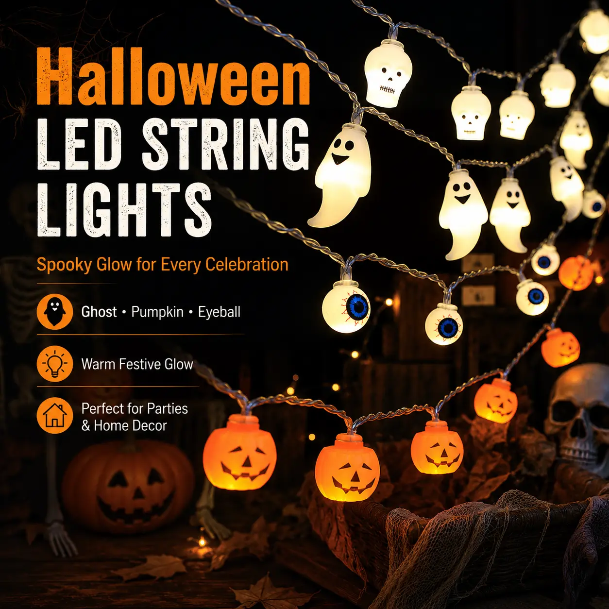 Halloween LED String Lights, Spooky Ghost Pumpkin Eyeball Lights for Halloween Decorations, Warm Glow Battery Powered Fairy Lights for Party Home Indoor Outdoor Decor