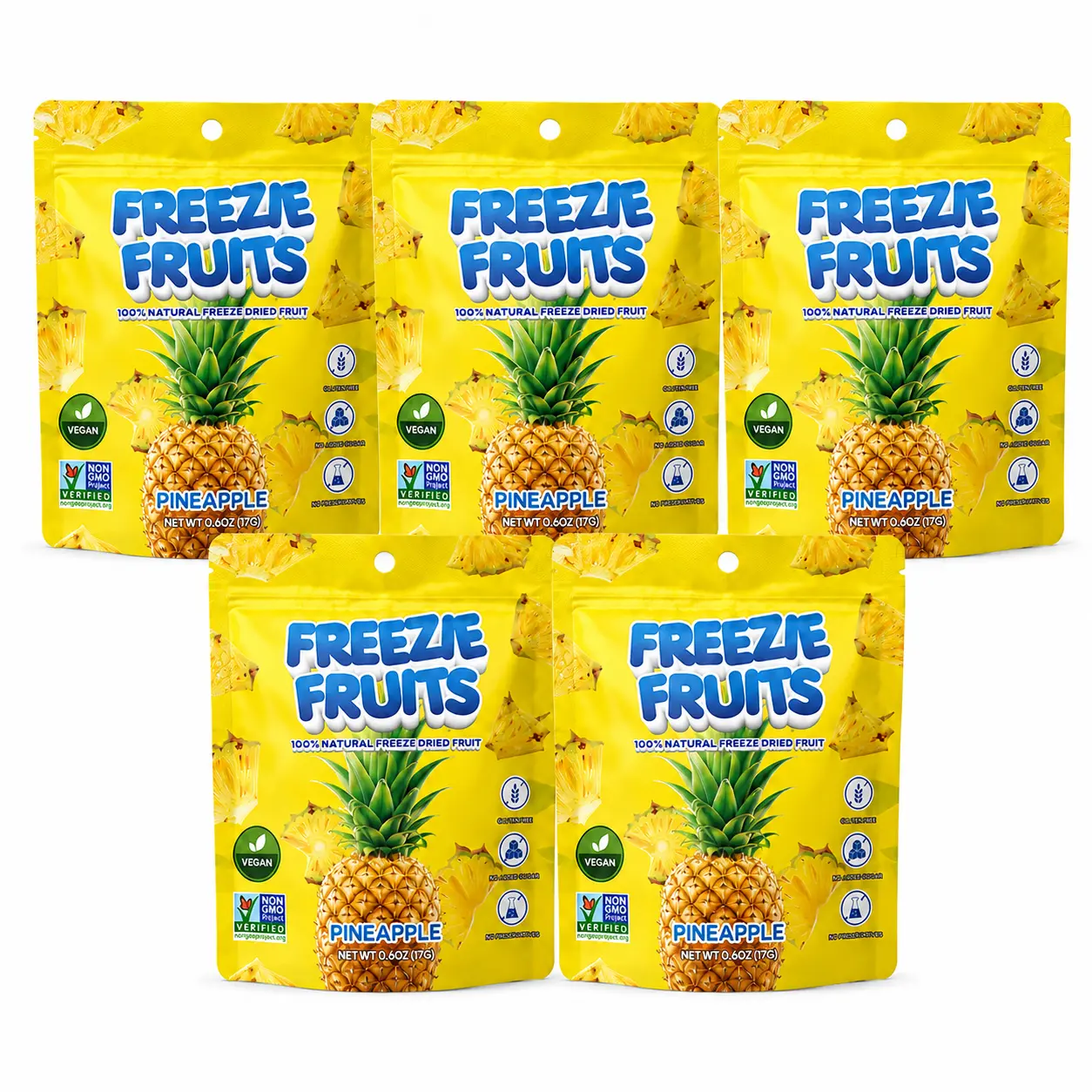 5 for 5 Bundle - Freezie Fruits Pineapple 100% Natural Freeze-Dried Fruit Vegan 7 oz Bags Perfect for Snacking and Smoothies