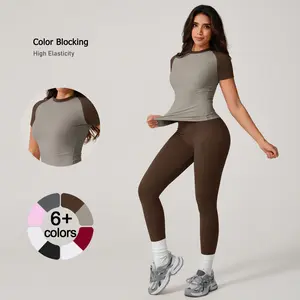 TimeOFF Women's Color Blocking Short Sleeve Compression Shirt - Round Neck, Slim Fit, High Elasticity Stretchy Fabric, Reduces Movement Restriction & Waist Rolling, Ideal for Pilates Yoga Wear, Gym Athletic Clothes, Women's Tshirts