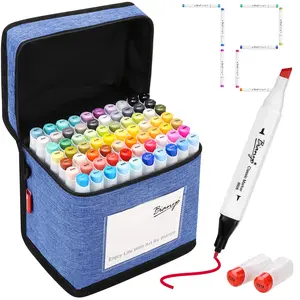 Bianyo 72 Primary Colors Alcohol Marker Set, Bullet & Chisel Dual Tip Art Marker Set for Artist, Adults Coloring, Drawing, Sketching, 71 Classic Colors+1 Blender+1 Swatch+1 Blue Travel Case