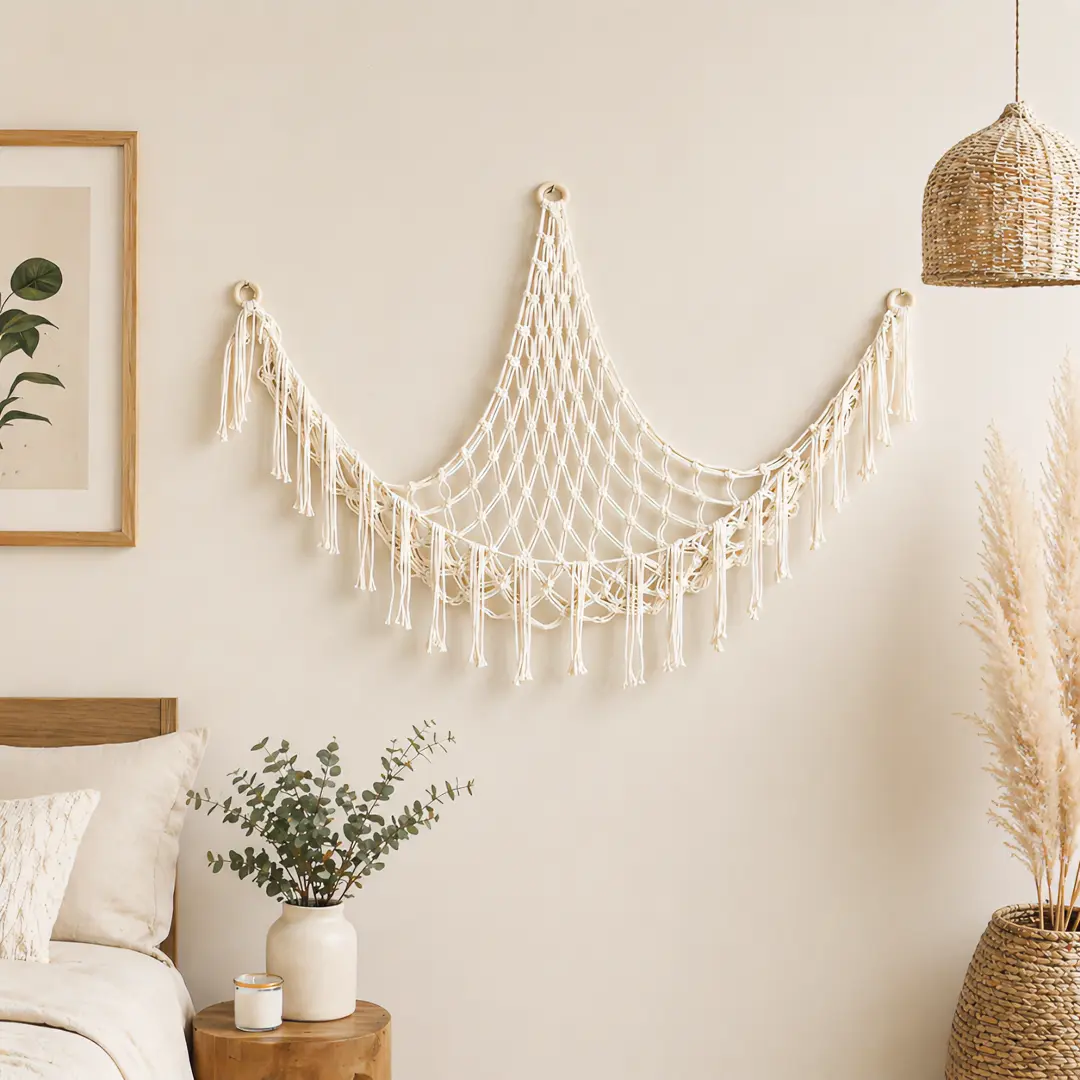 Boho Macrame Wall Decor, Multi-Functional Hanging Storage Net for Bedroom, Kids Room & Home Organization Decor Decor Bohemian Tapestry Style Decoration