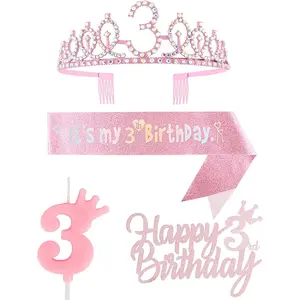 3rd Birthday Decorations for Girl, Including Crown/Tiara, Sash, Cake Toppers and Number 3 Candles, Pink Supplies for 3 Year Old Girl's Birthday