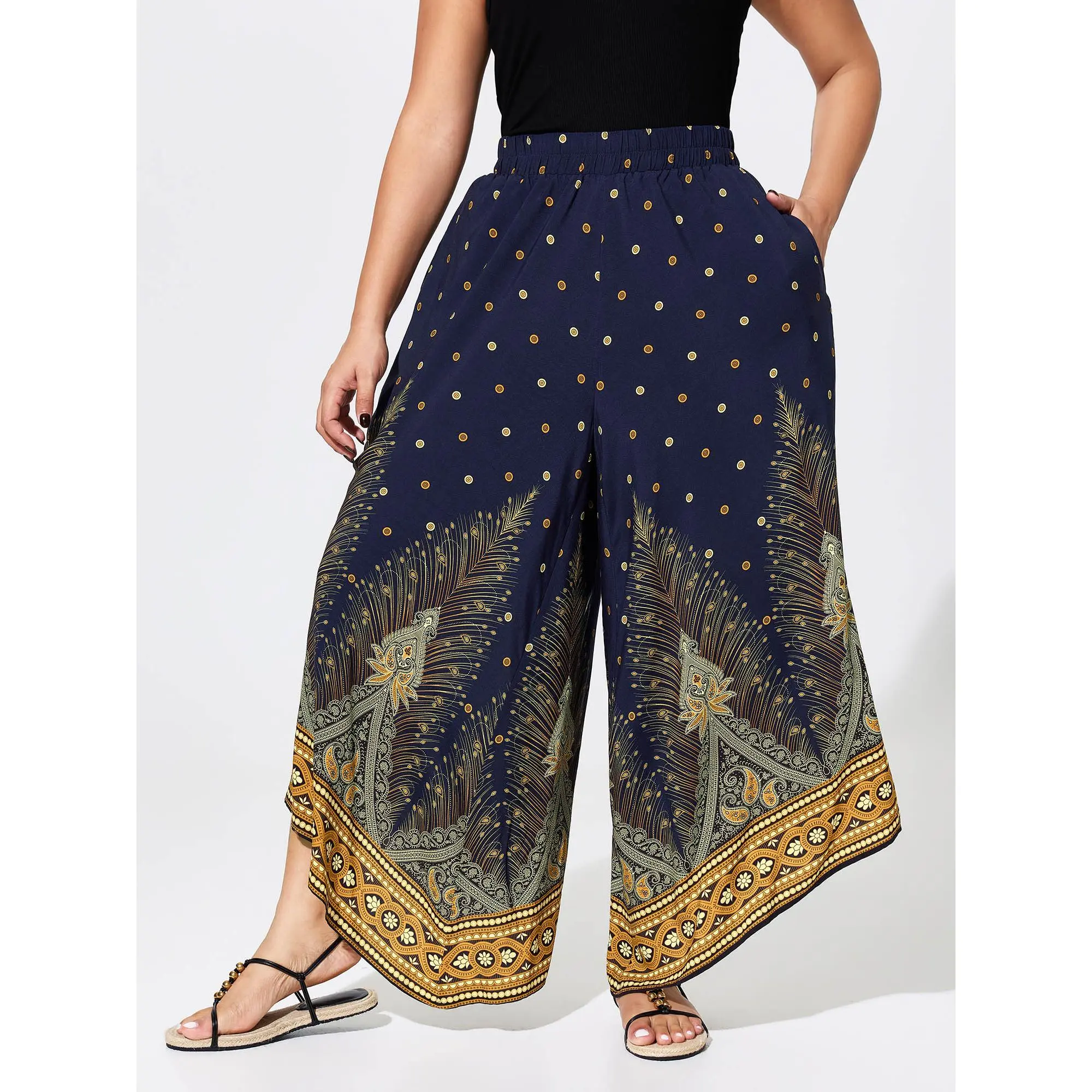 BloomChic Plus Size Boho Paisley Print Wide-Leg Pants with High Rise Smocked Waist, Loose 100% Rayon Fabric, Smooth, Garment, Bottom, Pocket, Oversized, Trouser, Women, Loose Fit, Side Pocket