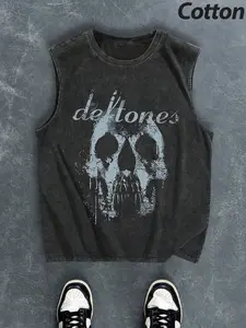 Men's Cotton Comfortable Breathable Vest, Skull Print, Summer Essential, Quick-Dry, Fashion Simple Design, Streetwear Tank Vest, Casual Fitted Tank Top