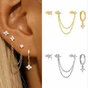 3-Piece Single Ear Earring Set, Gold & Silver Chain Hoop Stud Earrings, Crystal Flower Studs with Dangle Hoop, Cute Ear Stack Jewelry for Women