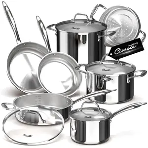Ciwete 11-Piece Tri-Ply Stainless Steel Pots and Pans Set, 18/10 Stainless Steel Cookware Set with Steamer Insert, Induction Kitchen Cookware Sets with Cool Ergonomic Handles, Dishwasher, Oven Safe fathersdaygift