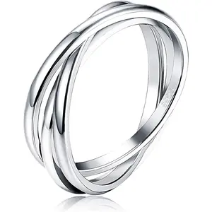 FINREZIO 1 Pc Silvery Unique Interlocking Rolling 925 Sterling Silver Band Ring for Women Triple Intertwined Crisscross Ring High Polish Ring Dainty Minimalist Stackable Wedding Band Elegant Comfort Fit Jewelry Perfect for Daily Wear