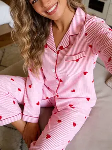 Spring Autumn Cool Style Women's Pajama Sleepwear Set, Striped Heart Pattern, Long Sleeve Ankle-Length Pants, Breathable Skin-Friendly Homewear Loungewear