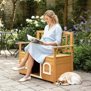 Outvita Wooden Outdoor Storage Bench with Built-in Dog House, Dog Kennel Bench with Seating for Patio Backyard Balcony Summervibes