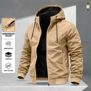 Men's casual simple jacket, with adjustable hat, windproof and wear-resistant design on the surface, zipper pocket, street casual style, daily outing, commuting, mountaineering and daily travel, sports wear, suitable for spring and summer wear
