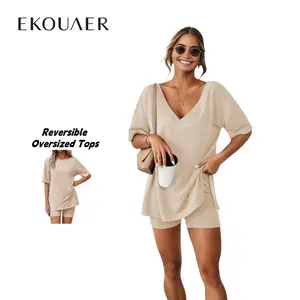 EKOUAER V-neck Two-Piece Set For Women Summer Casual Oversized Split Hem Shirts & Biker Shorts Minimalist Lounge Wear Soft Homewear Cozy Pjs EKOUAER V-neck Two-Piece Set For Women Summer Casual Oversized Split Hem Shirts & Biker Shorts Minimalist Lounge Wear Soft Homewear Cozy Pjs