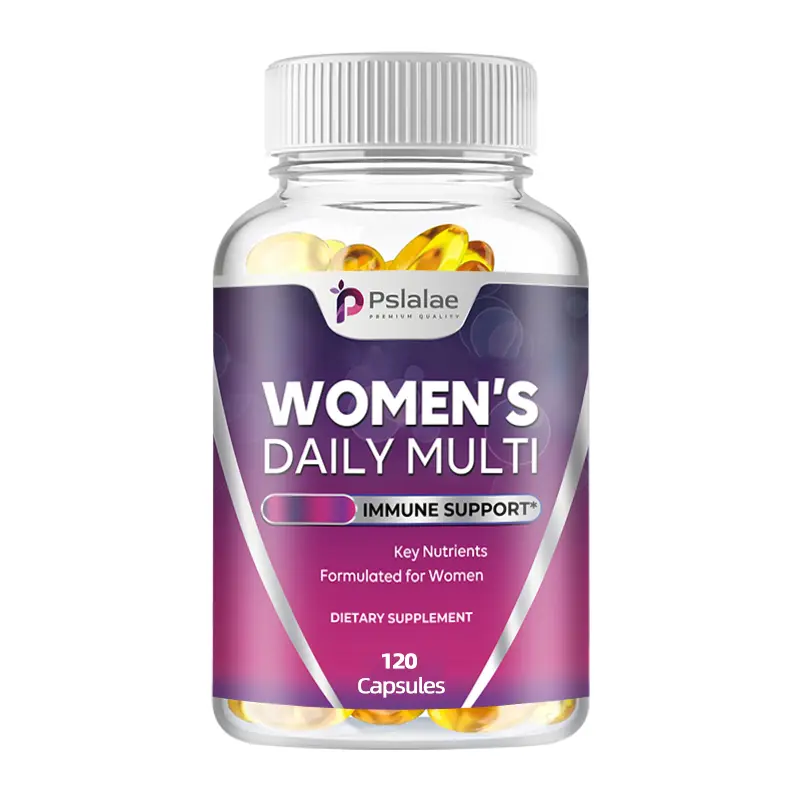 Pslalae Women's Daily Multivitamin Capsules, 120 capsules, contains vitamins A, B12, C, D3, zinc, and biotin to support women's health.