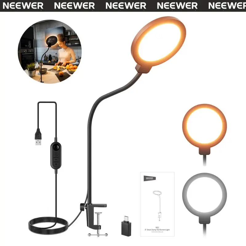 NEEWER Entry Level Version 5" Edge Lit Streaming Light with Desk Clamp Stand, 10W Bi Color Full Screen LED Ring Light CRI80+, Computer Laptop Webcam Zoom Call Video Conference Recording Lighting, N32 tiktokshopbacktoschool