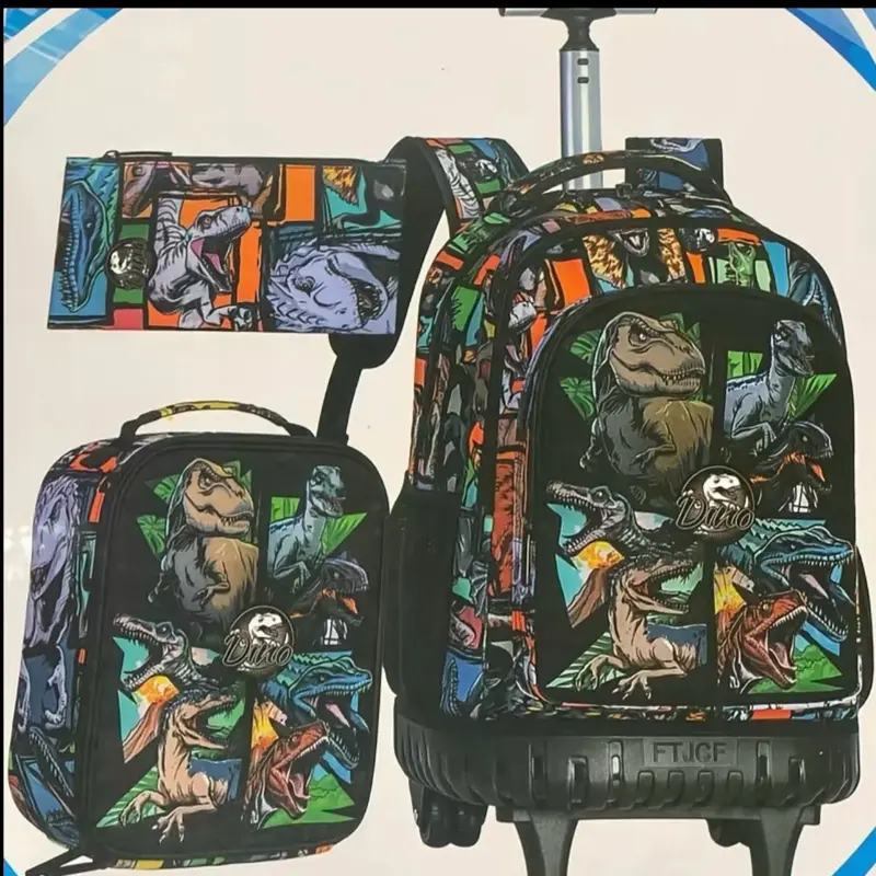 AGS 3PCS Rolling Backpack for Men, 21 Inch Water Resistant Dinosaur Backpacks with Roller Wheels, Wheeled Bookbag for Teens Boys Elementary School Travel