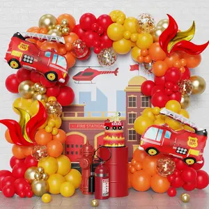 Fire balloon garland arch kit, 144pcs red yellow chrome gold balloons with fire truck foil balloons for fireman party supplies birthday firefighter rescue themed party decoration (fire)