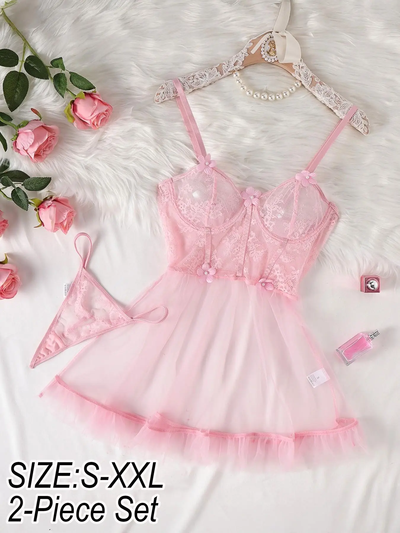 Sweet Floral Lace Babydoll Lingerie Underwear Set, Adjustable Spaghetti Straps Sleepwear, Cute Princess Nightgown, Holiday Gift, Sizes S-Xxl, Loungewear, Womenswear, Soft Intimates, Pieces