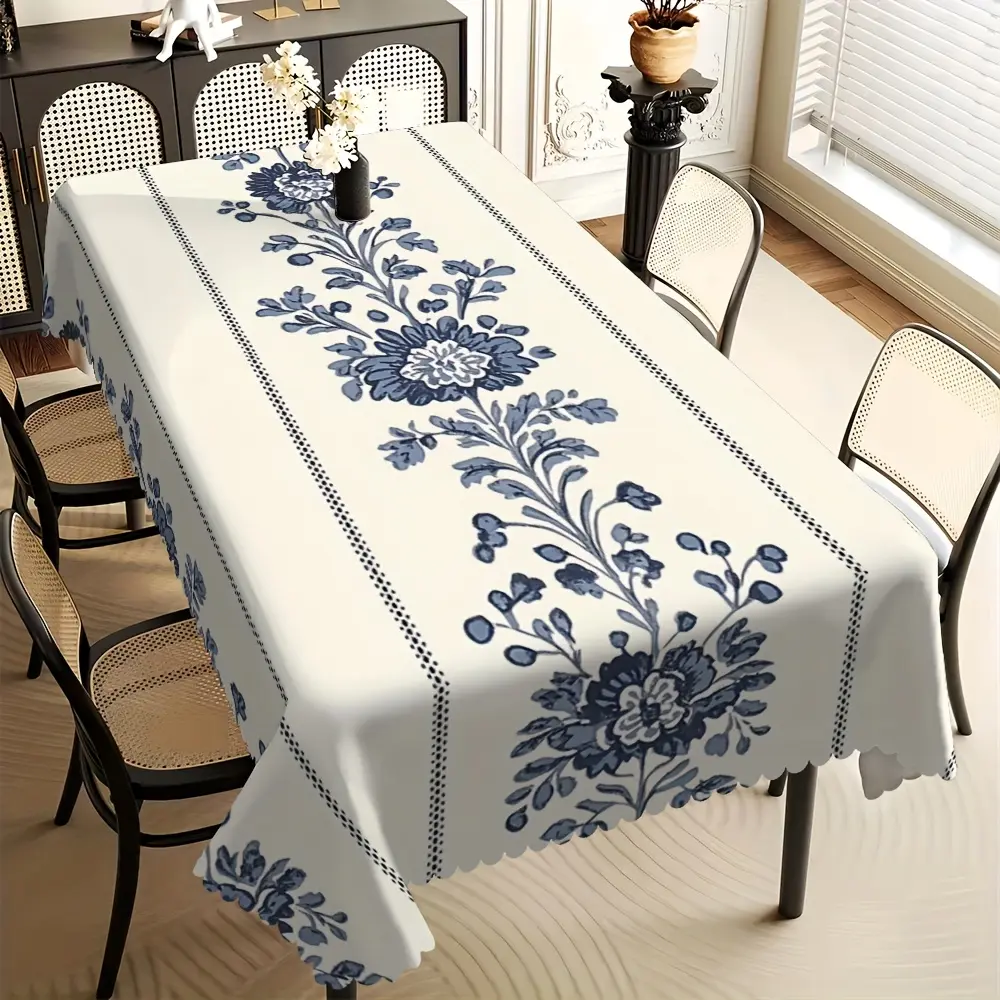 1pc Versatile Polyester Tablecloth (60×120, 120g/m² Sturdy Twill Build), Lace-Trimmed Blue Floral Printed Rectangle with Fan-Shaped Edges, Dense Stitch Hold, Machine Washable, Home Supplies for Courtyard Tables, Outdoor Dining Ready & Gifting, Decorative,
