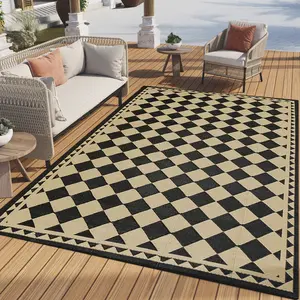 【Deals For You Days】PureCozy  Outdoor Furniture Rug for Patios Clearance,Waterproof Mat,Large Outside Carpet,Reversible Plastic Straw Camping Rugs,Rv,Porch,Deck,Camper,Balcony,Backyard (Checkered/Black&Beige)