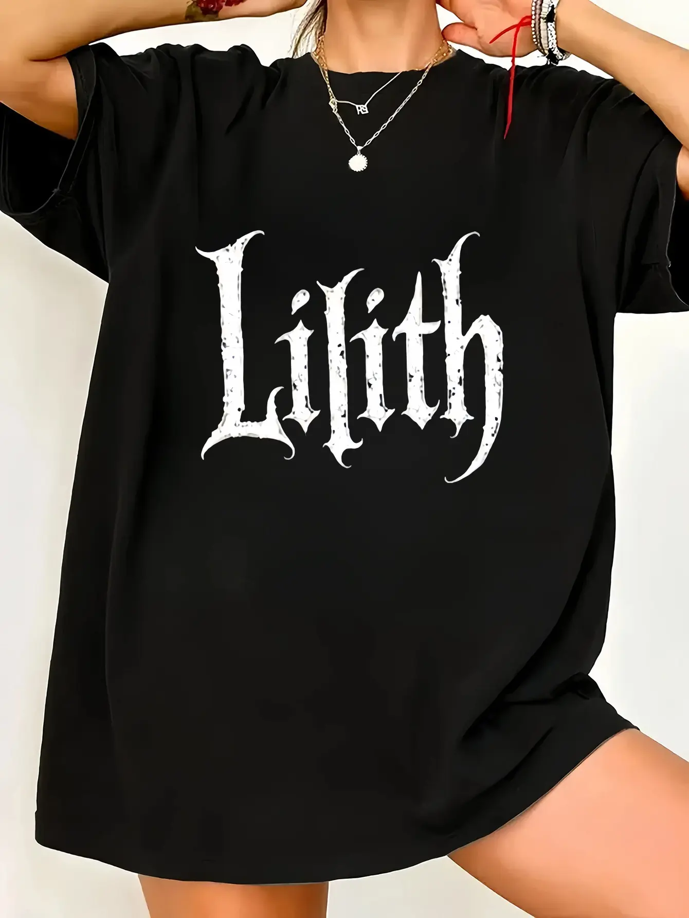 Women's Plus Size Gothic "Lilith" Printed Cotton Unisex Oversized T-Shirt - Stretch, Casual, Round Neck, Short Sleeve Top, Tshirt