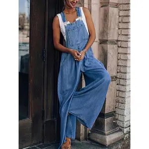 Women's Denim-Effect Print Plicated Wide Leg Overalls Jumpsuit, Chic Fashion Casual Pocket Square Neck?Overalls Jumpsuit for Daily Outdoor Wear, Ladies Clothes for All Seasons