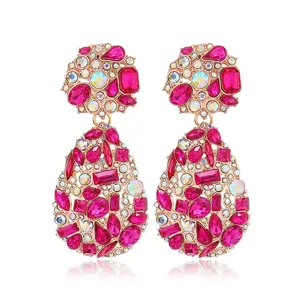 Gold Sparkling Crystal Teardrop Chandelier Statement Clip On Dangling Earrings