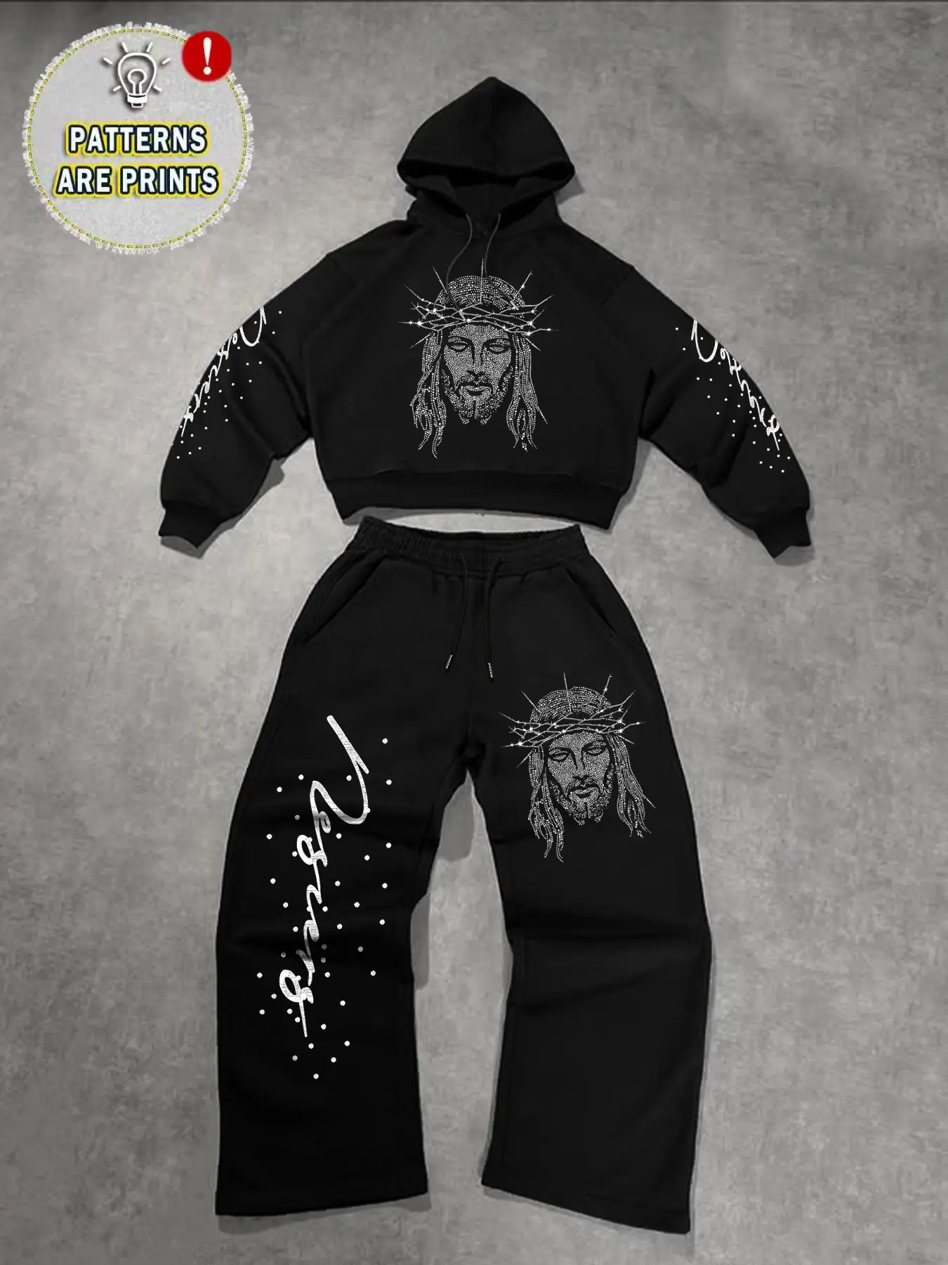 Men's Spring Fall Winter 2-Piece Set, Hooded Long Sleeve Knitwear Sweatshirt and Drawstring Pants with Pockets, Jesus Religious Graphic Print, Casual Fitted Style, Daily Wear Outfit, Outfit Sets