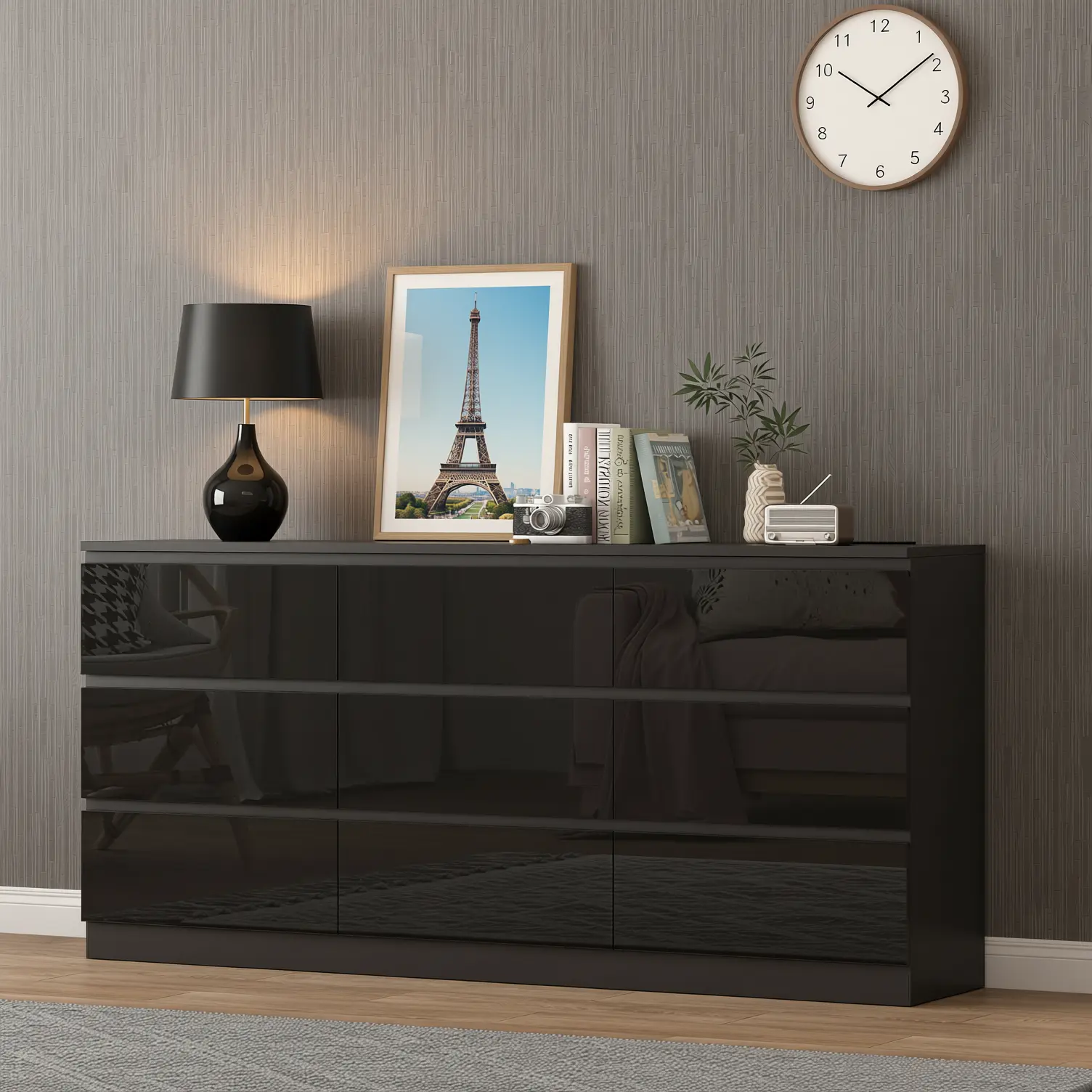 Black 9 Drawer Dresser for Bedroom, 70” Long High Gloss Wood Chest of Drawers with Charging Station, Handle-Free Modern Wide Double Dresser for Living Room Entryway